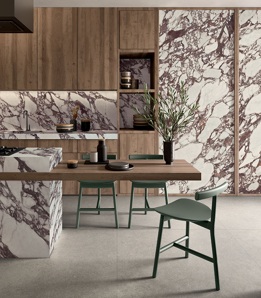 Noblesse Viola Arabesque brings striking, sophisticated elegance to the kitchen, with bold veining that contrasts beautifully with the neutral surfaces of Intense Crète.